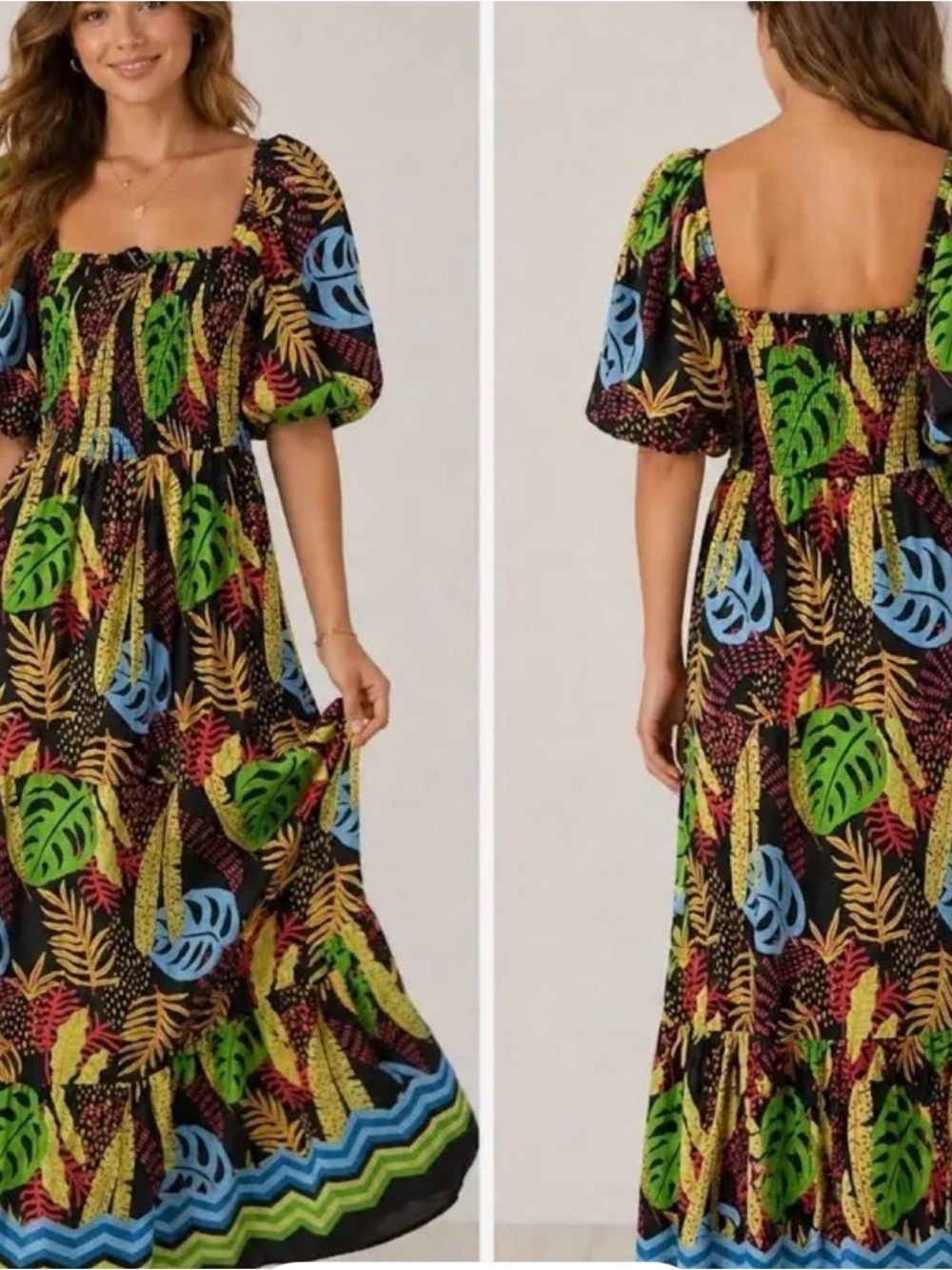 Smocked Dress Womens Small Tropical Puff Sleeve Maxi Boho Beach Vacation Summer